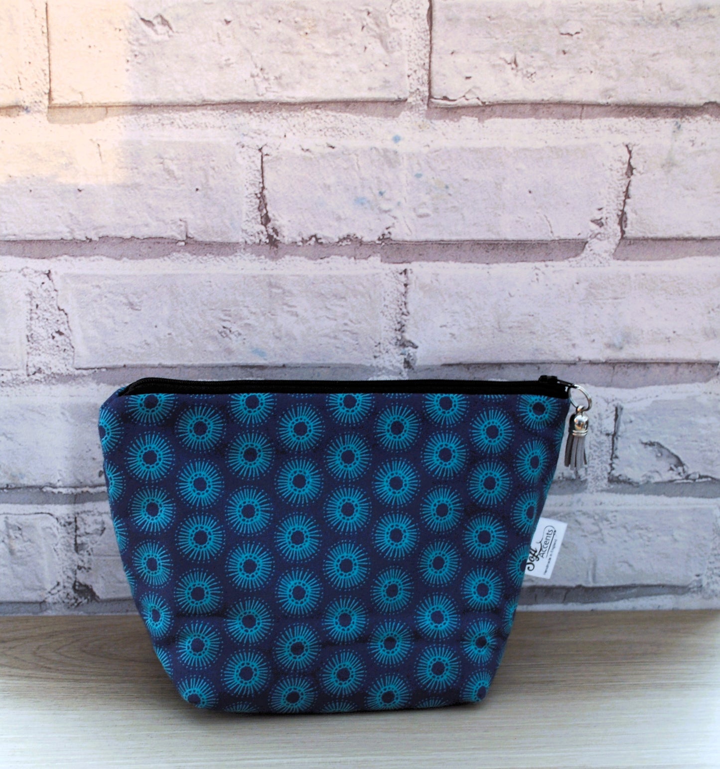 Blue & Teal circle print fabric medium zipper pouch makeup bag