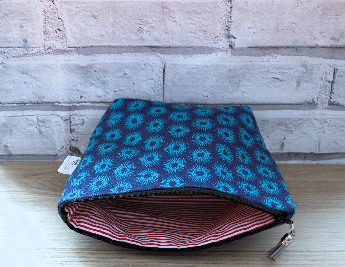 Blue & Teal circle print fabric medium zipper pouch makeup bag
