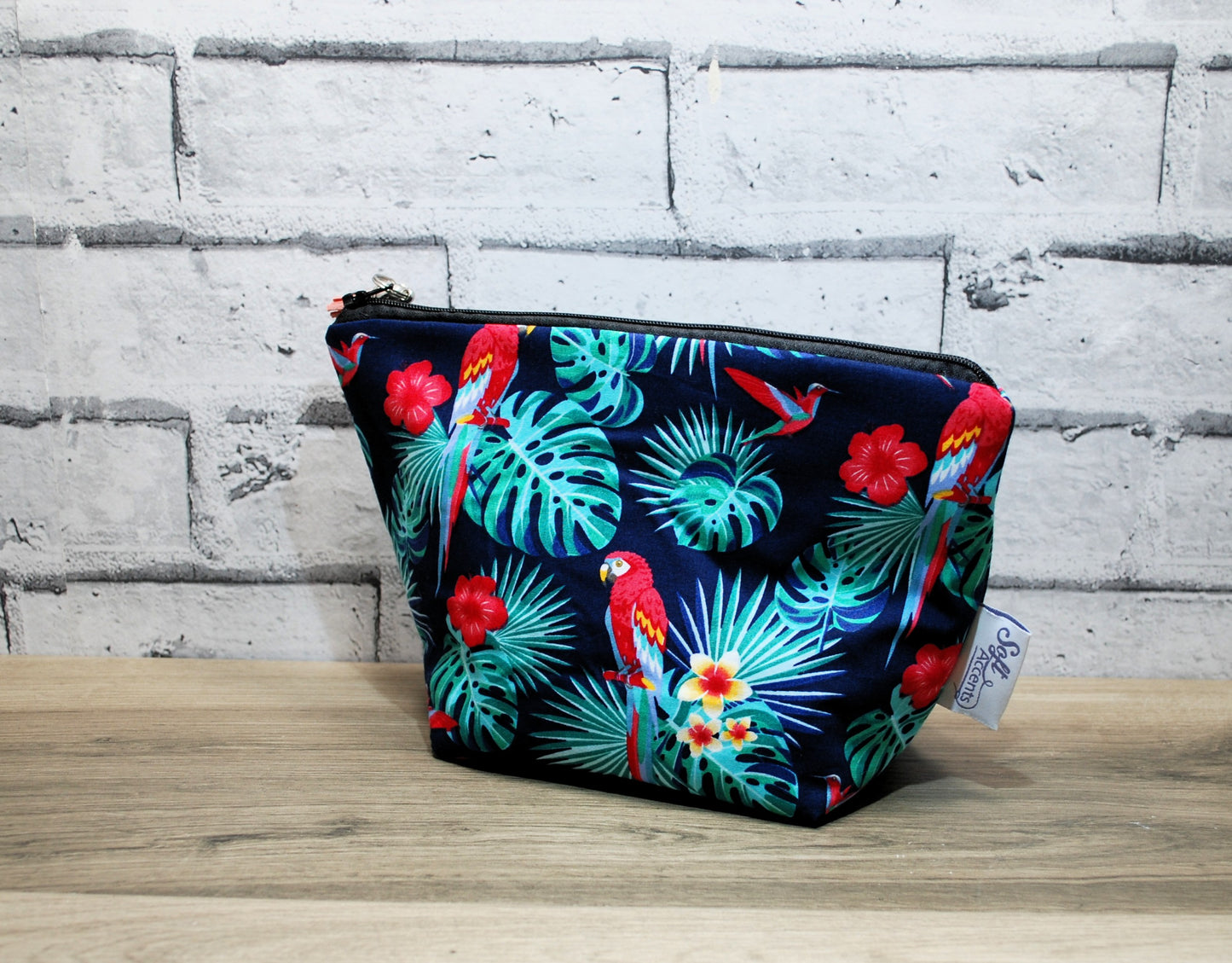 Parrot print fabric medium zipper pouch makeup bag