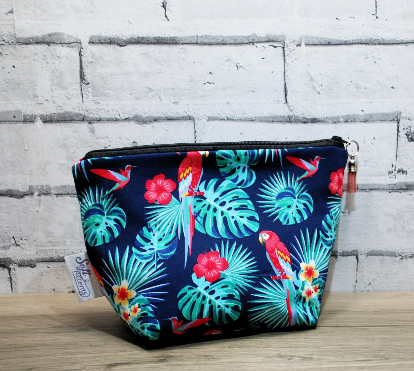 Parrot print fabric medium zipper pouch makeup bag