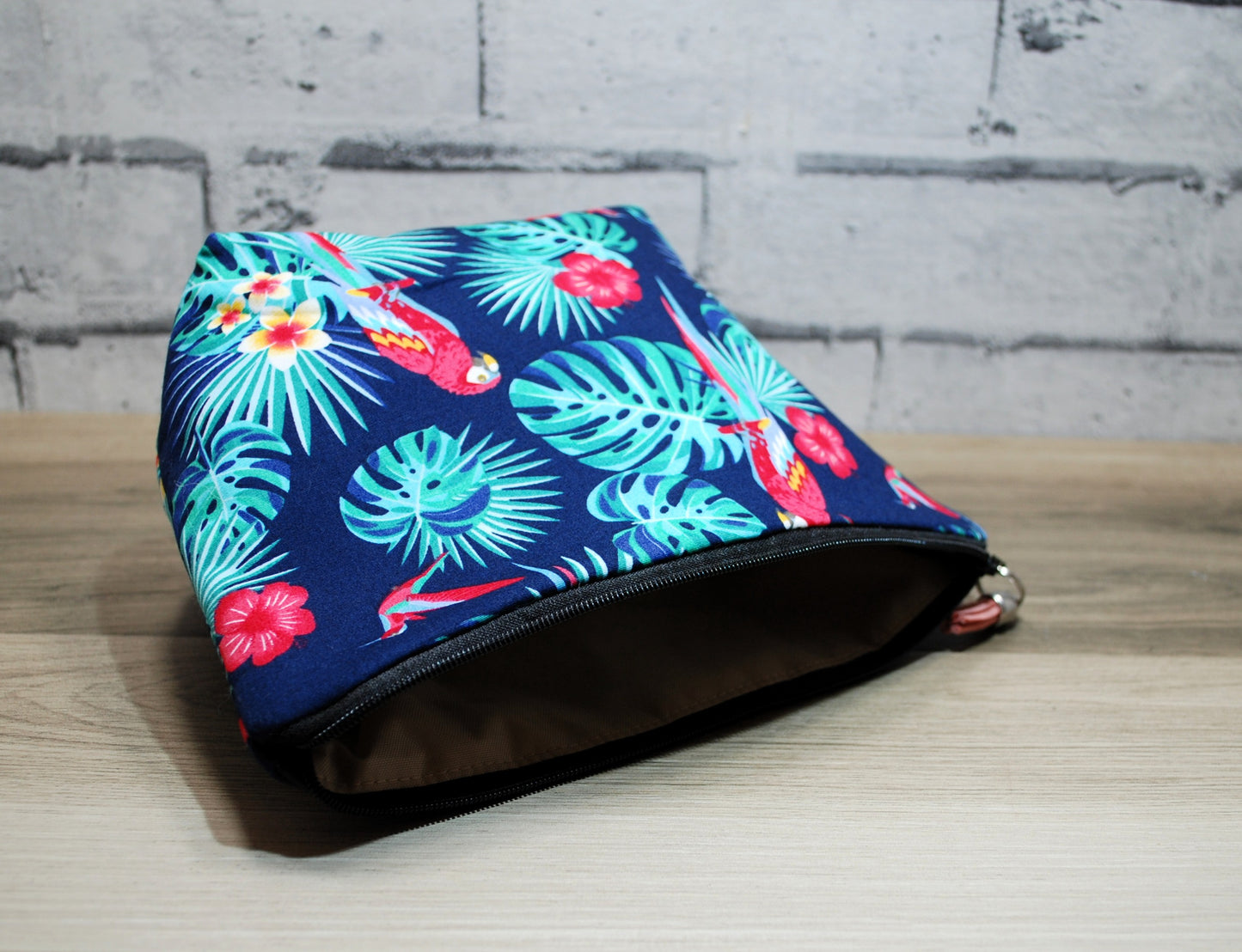 Parrot print fabric medium zipper pouch makeup bag