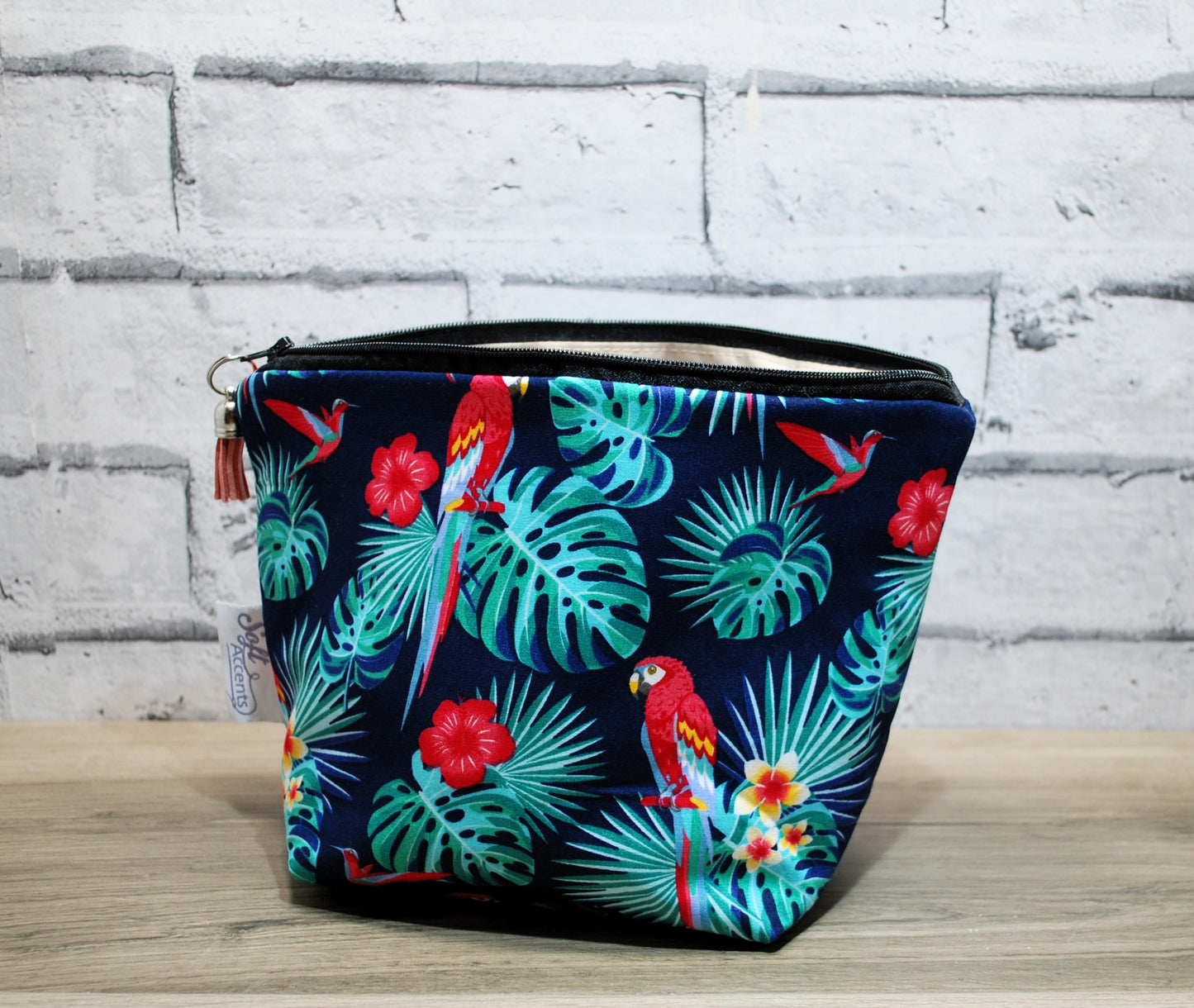 Parrot print fabric medium zipper pouch makeup bag