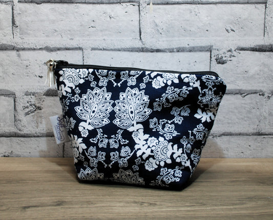 Floral print fabric medium zipper pouch makeup bag