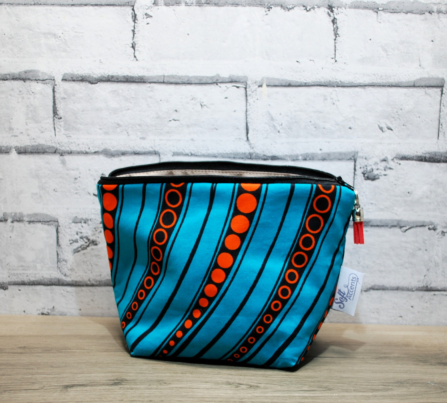 Abstract African print fabric medium zipper pouch makeup bag