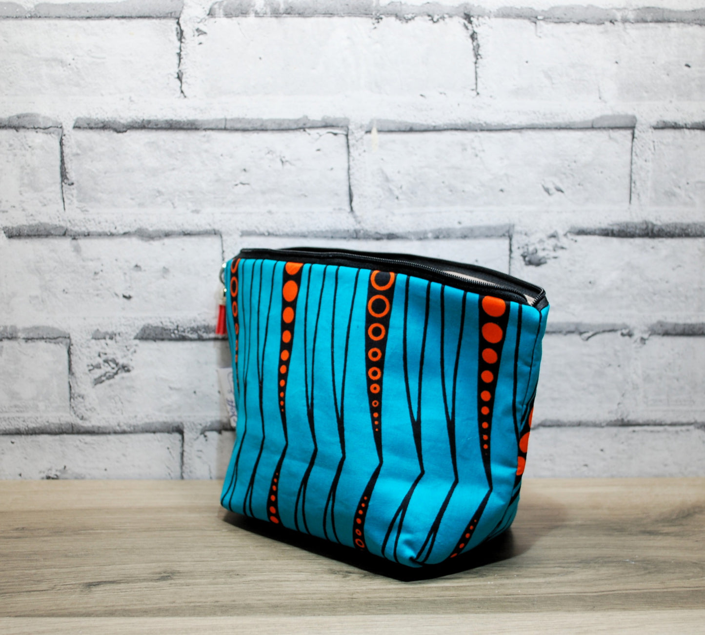 Abstract African print fabric medium zipper pouch makeup bag