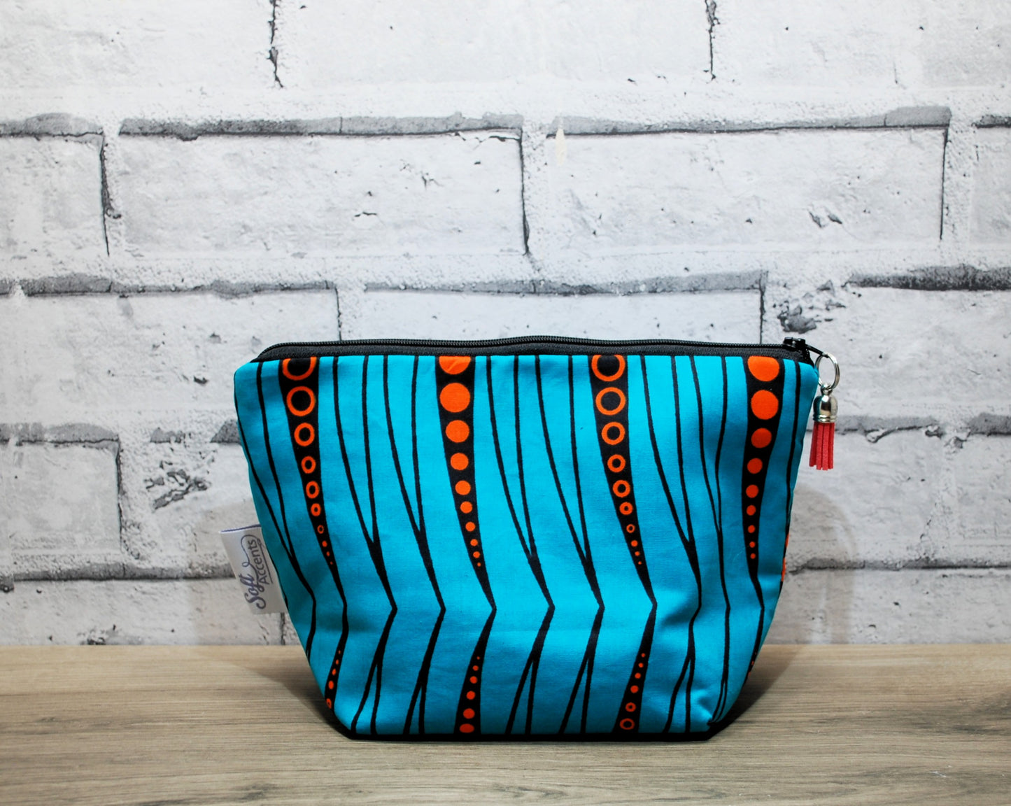 Abstract African print fabric medium zipper pouch makeup bag