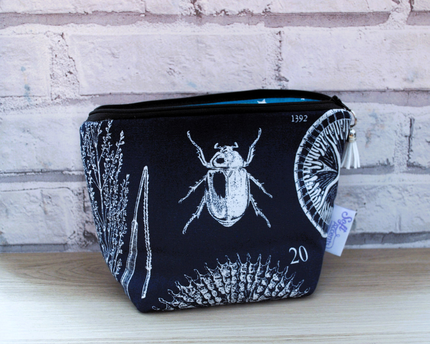 Blue & White Arthropod  print fabric medium zipper pouch makeup bag